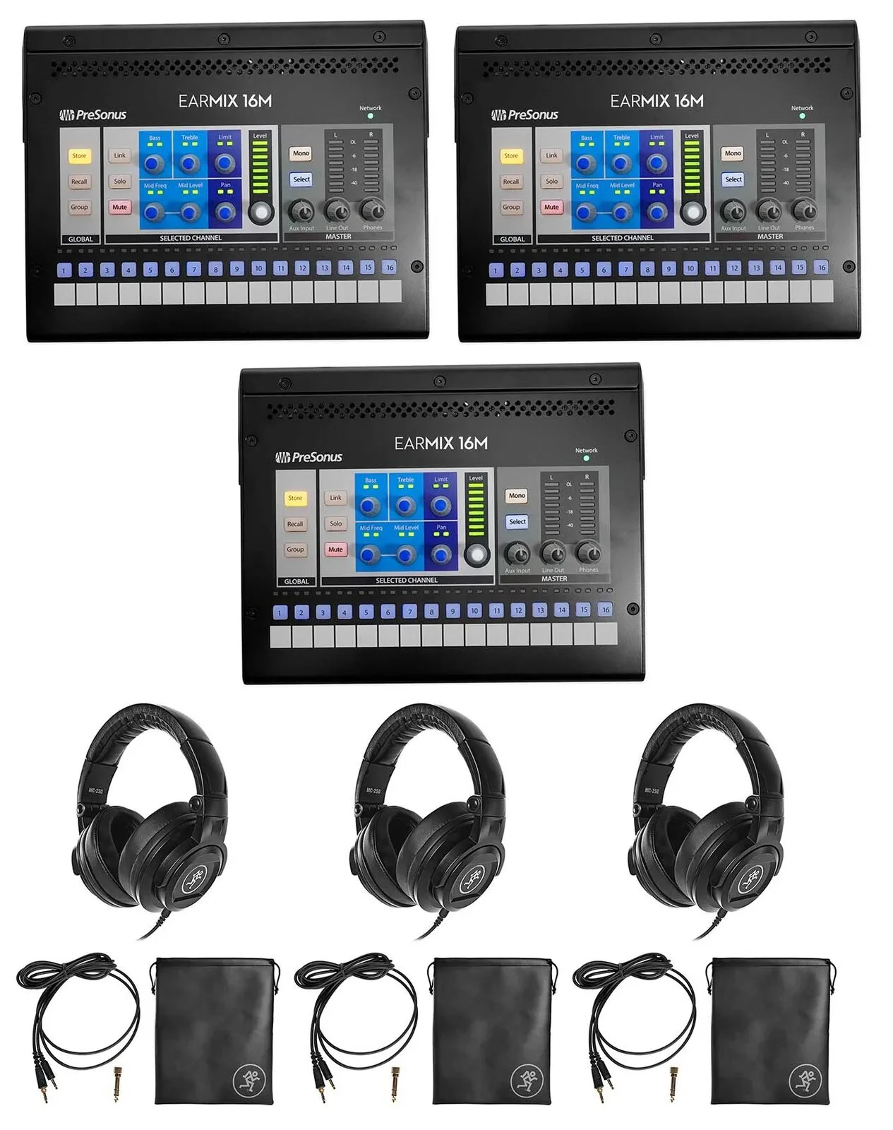 Цифровой микшер PreSonus EarMix 16M 16x2 AVB (набор, 3 шт.) + наушники Mackie MC-250 (набор, 3 шт.)