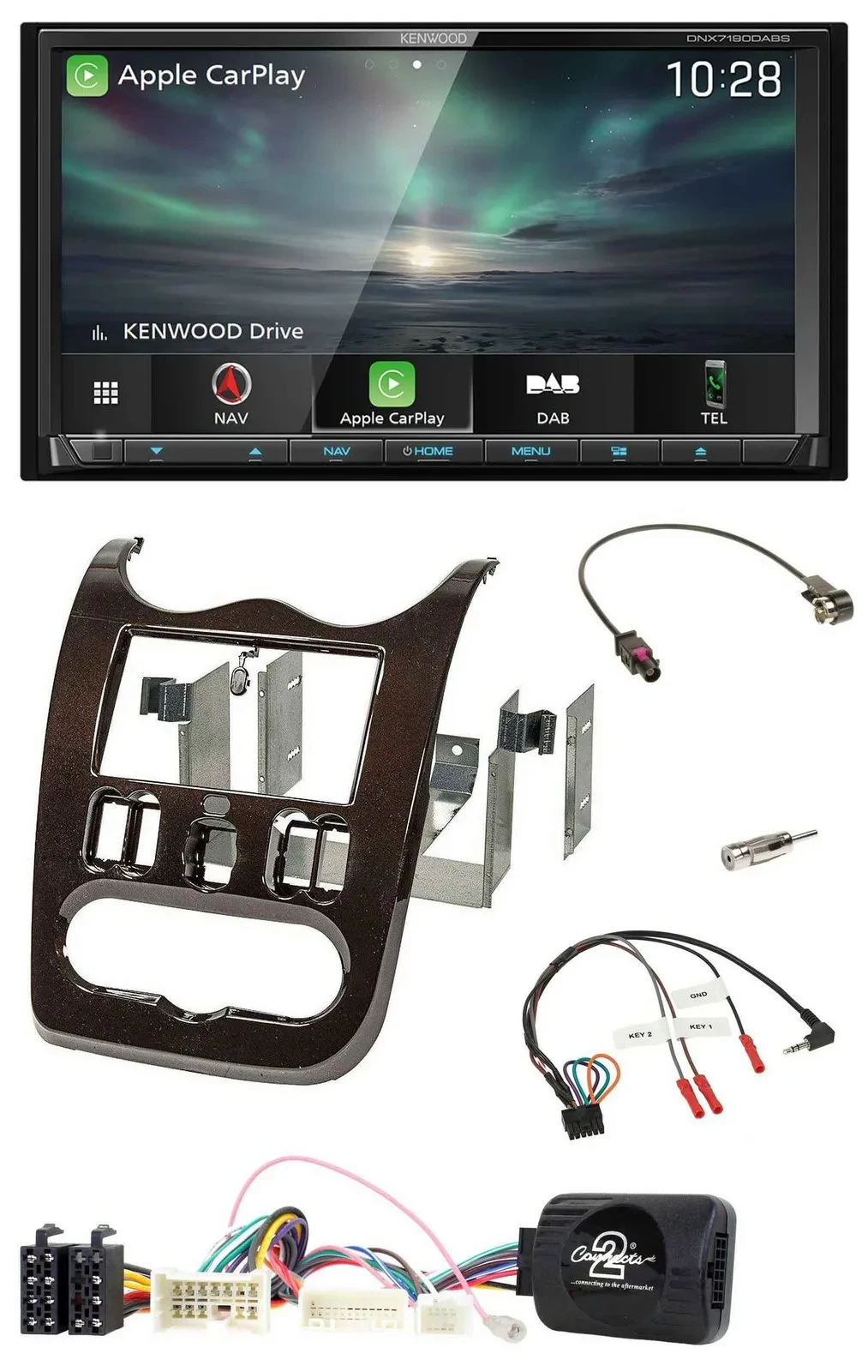 Kenwood Bluetooth USB 2DIN Lenkrad TMC DAB Navigation für Dacia ab 12 dunkelbrau