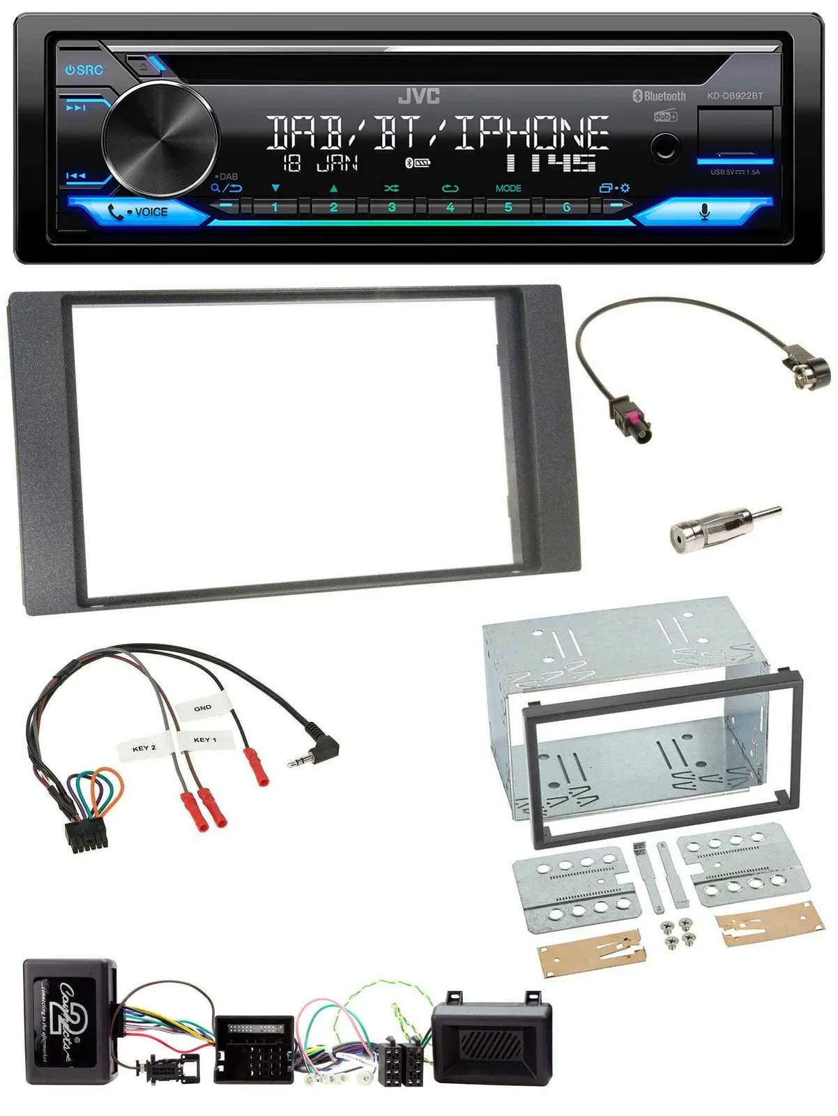 Автомагнитола для Ford Kuga (2008–2012) JVC Bluetooth, USB, DAB, CD, антрацит, совместима с кнопками на руле