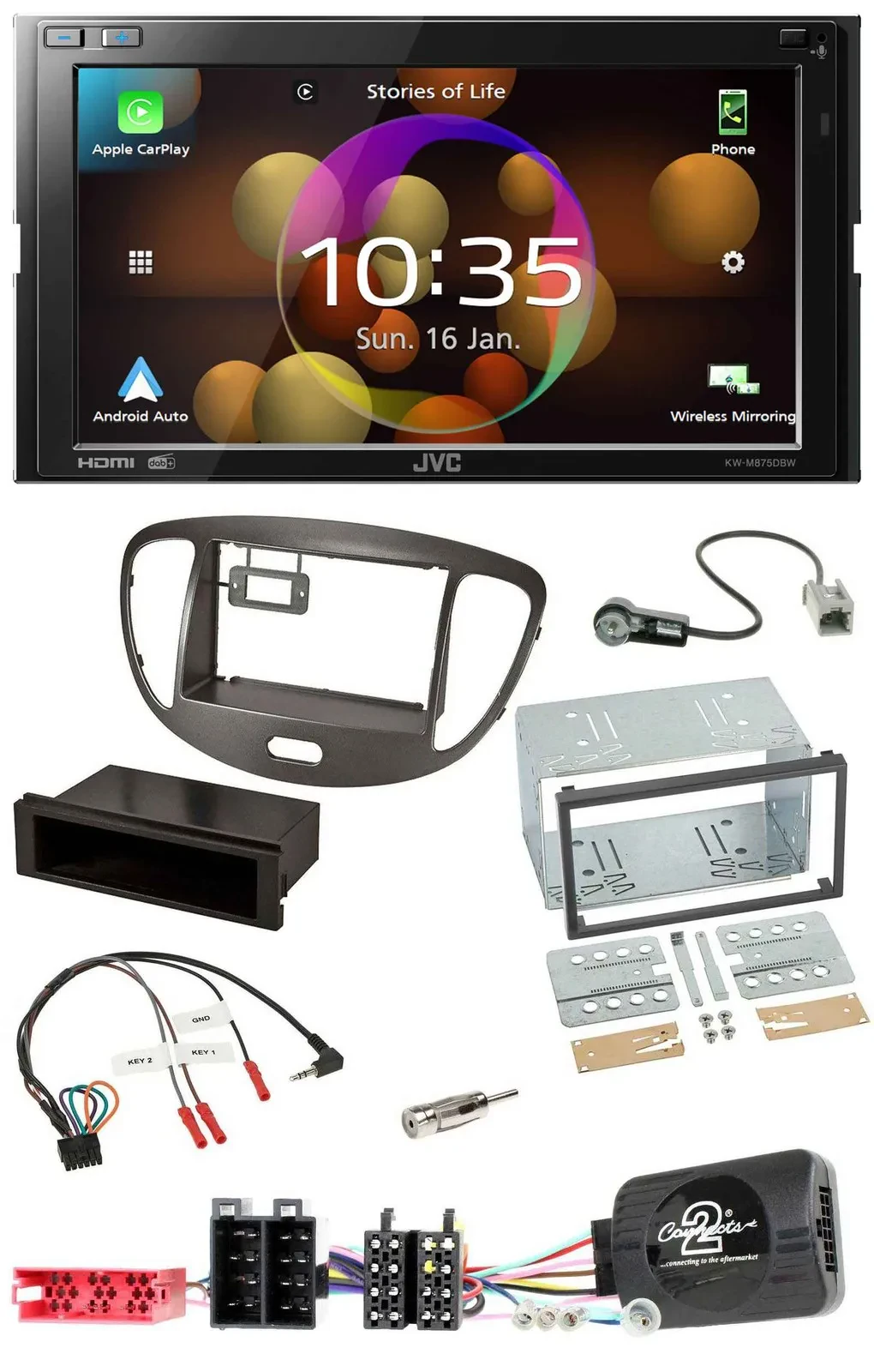 Автомагнитола для Hyundai i10 (2009–2013) JVC 2DIN DAB Bluetooth USB, поддержка управления на руле, тёмно-серый