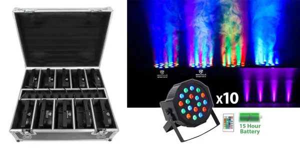 Rockville BATTERY PAR PACK 50 BLACK (10) Rechargeable Wash Lights+Charging Case