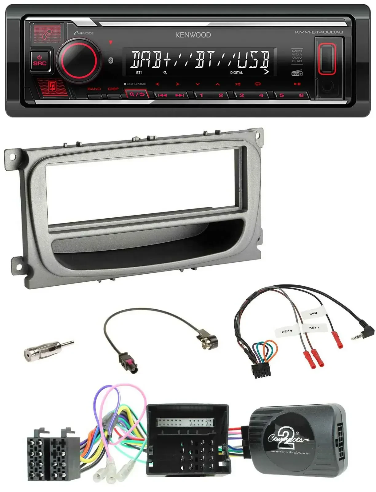 Автомагнитола Kenwood Bluetooth, USB, DAB для Ford Focus/Galaxy/C-Max с поддержкой управления на руле