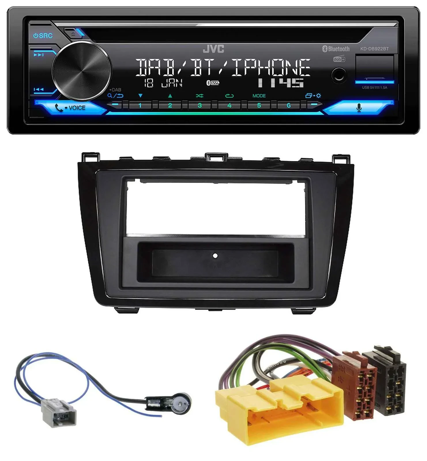Автомагнитола JVC Bluetooth, CD, USB, DAB, MP3 для Mazda 6 (2008–2012), глянцевая