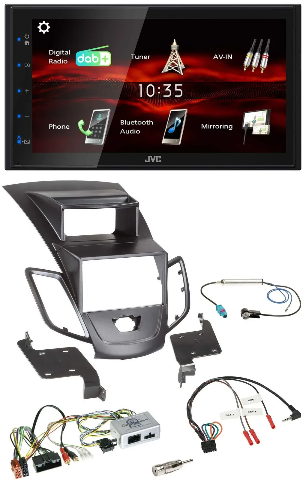 JVC USB Bluetooth Lenkrad DAB 2DIN Autoradio für Ford Fiesta 10-17 Display schwa