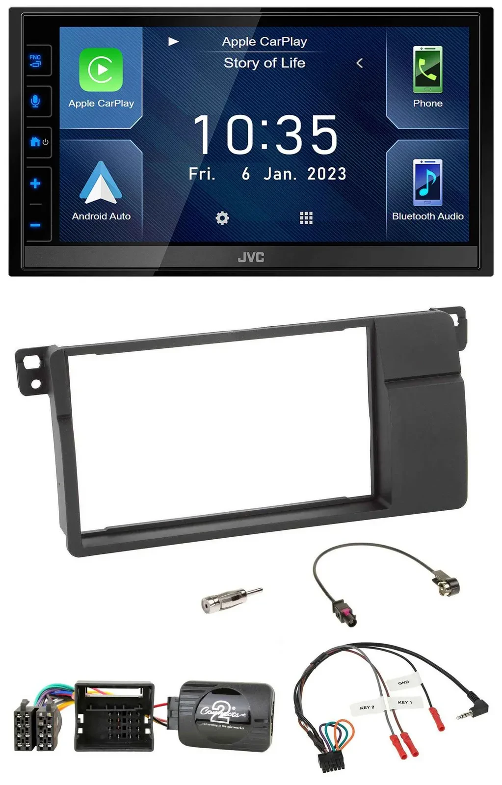 Автомагнитола JVC 2DIN, DAB, Bluetooth, USB, для BMW 3 Series E46 2000–2006, Quadlock