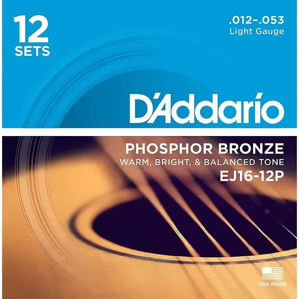 Струны для акустической гитары D'Addario EJ16-12P Phosphor Bronze Light 12-53 (12 упаковок)