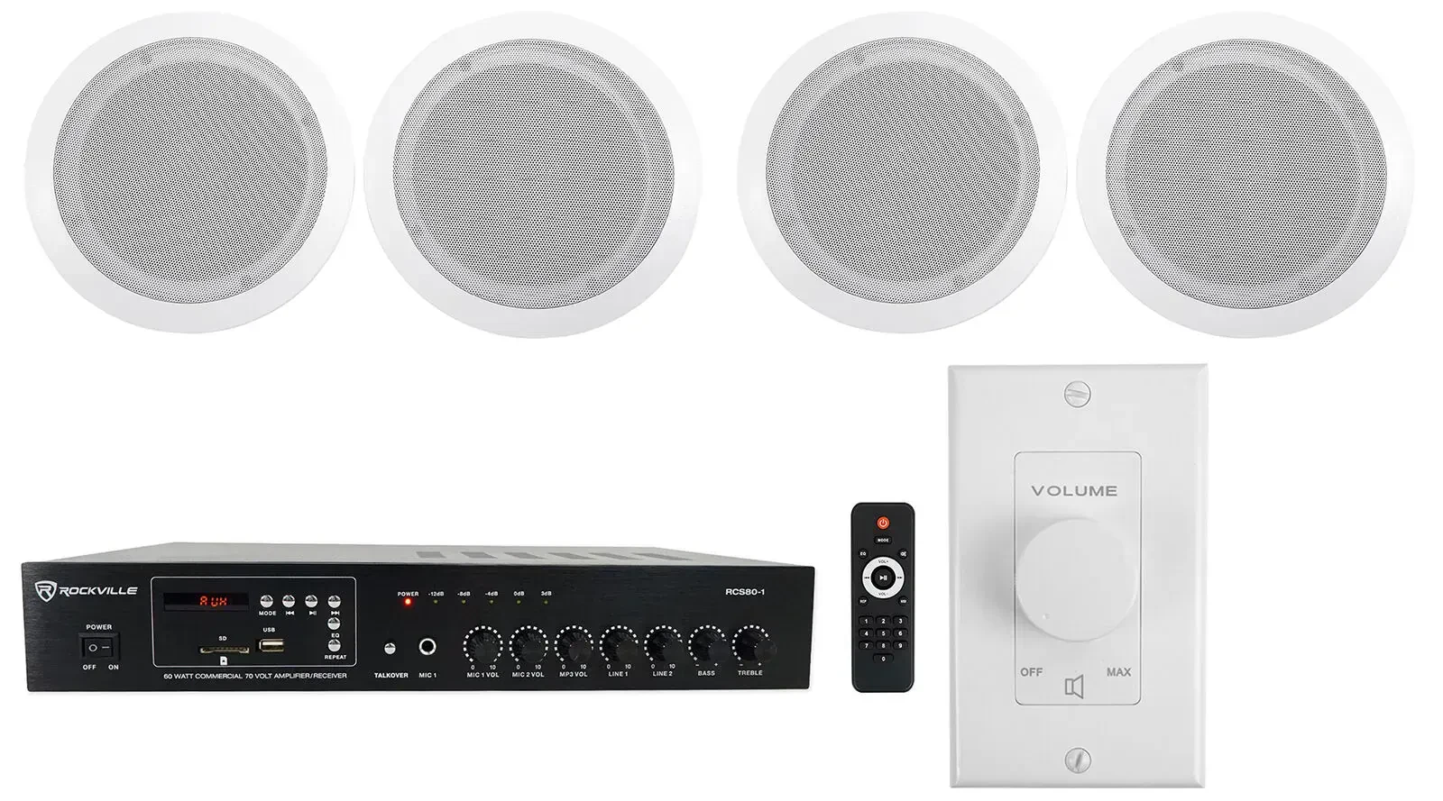 Потолочная акустика Rockville RCS80-1+(2) CC65T White+VOL70100 White с усилителем (4 штуки)