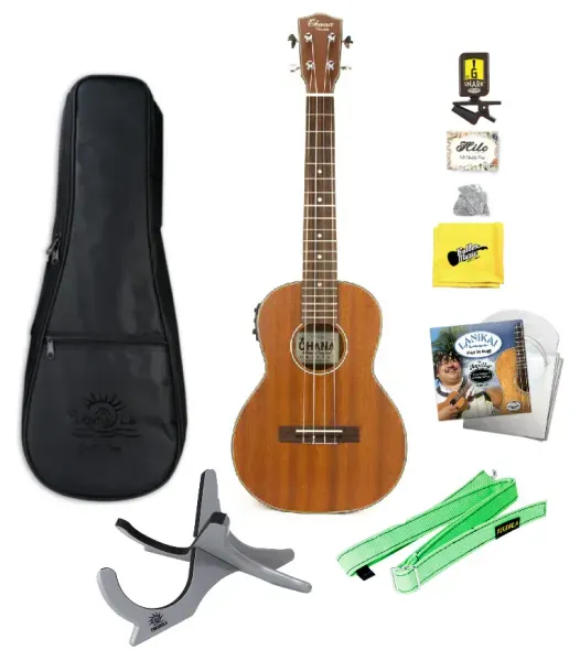 Ohana TK-14E Electric Tenor Ukulele with Bag, Tuner, Strings, Stand, More