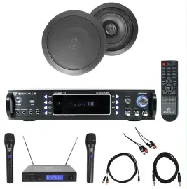 Karaoke Bluetooth Amp/Mixer + (2) 8" Black Ceiling Speakers + Wireless Mics