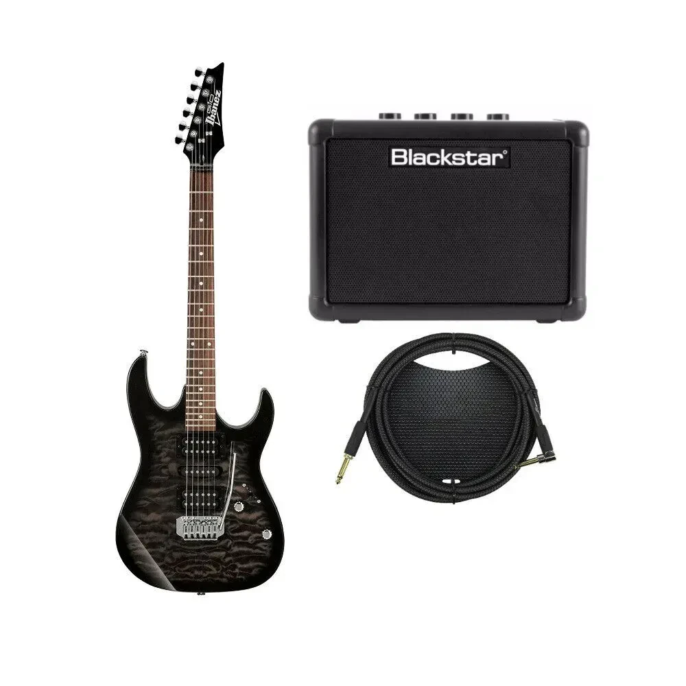 Ibanez GRX70QA Right-Hand Electric Guitar Transparent Black Sunburst Bundle