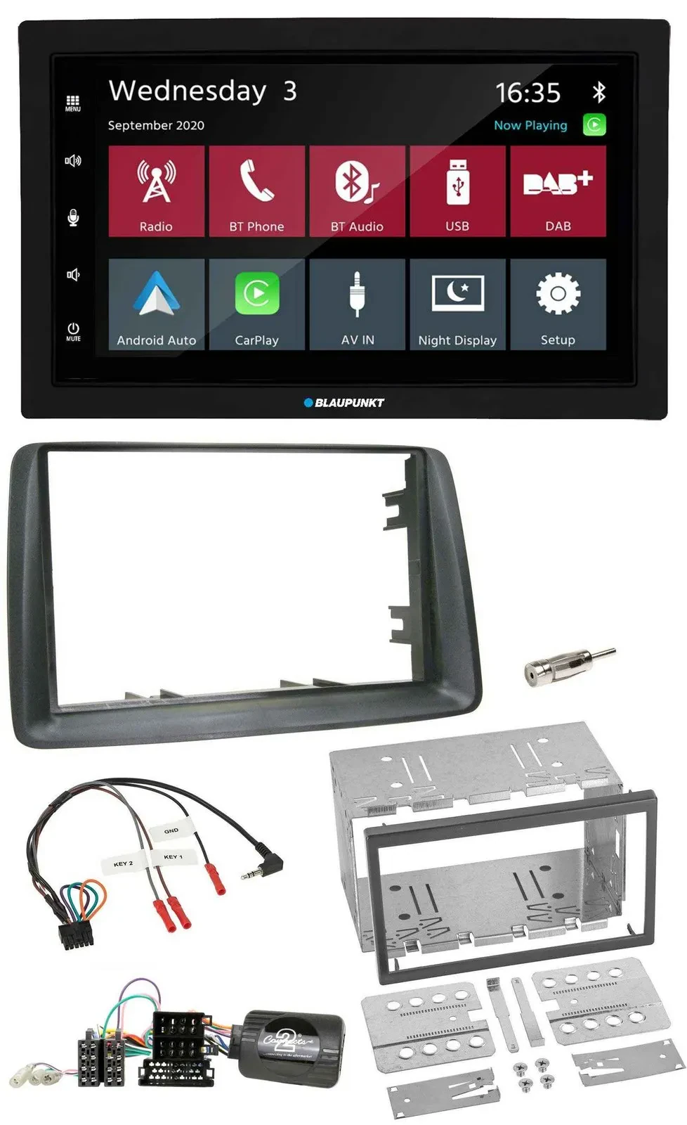 Blaupunkt DAB Bluetooth USB Lenkrad 2DIN Autoradio für Fiat Panda 2007-2012 grau