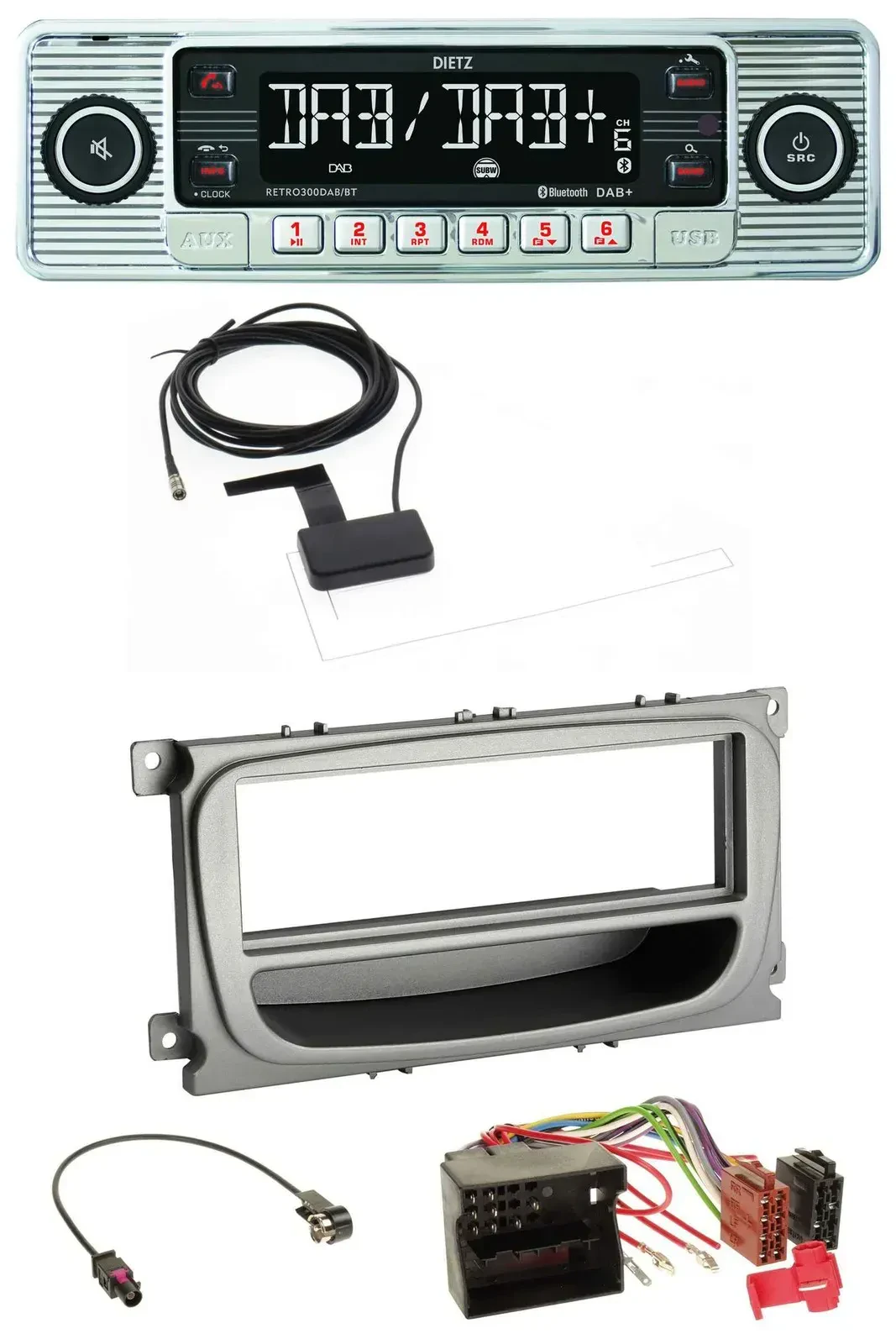 Автомагнитола Dietz Bluetooth USB MP3 DAB для Ford Mondeo/S-Max (2007–2014), серебристая