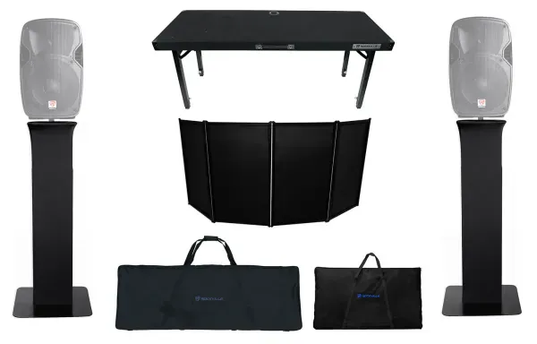 DJ Package w/Black Facade Booth+Bag+2) Totem Stands+Foldable Adjustable DJ Table