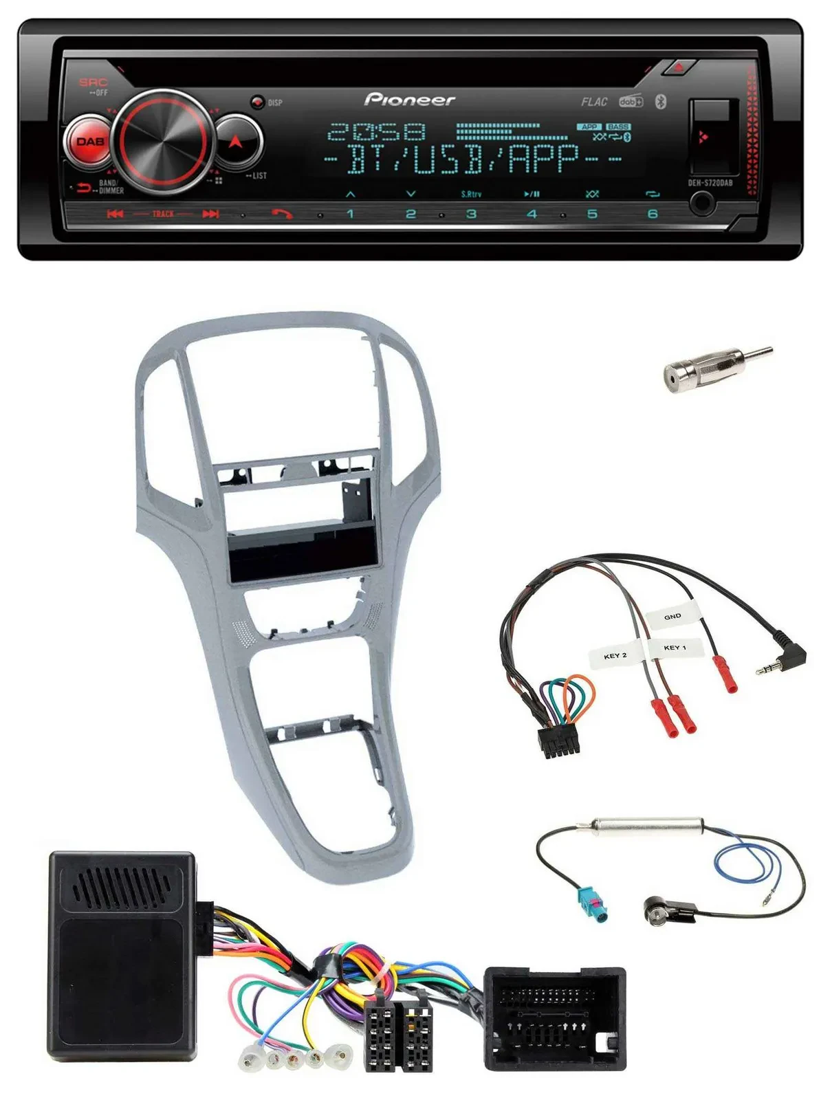 Автомагнитола для Opel Astra J (2009–2016) Pioneer DAB, CD, Bluetooth, USB, поддержка управления на руле, платиново-серебристая