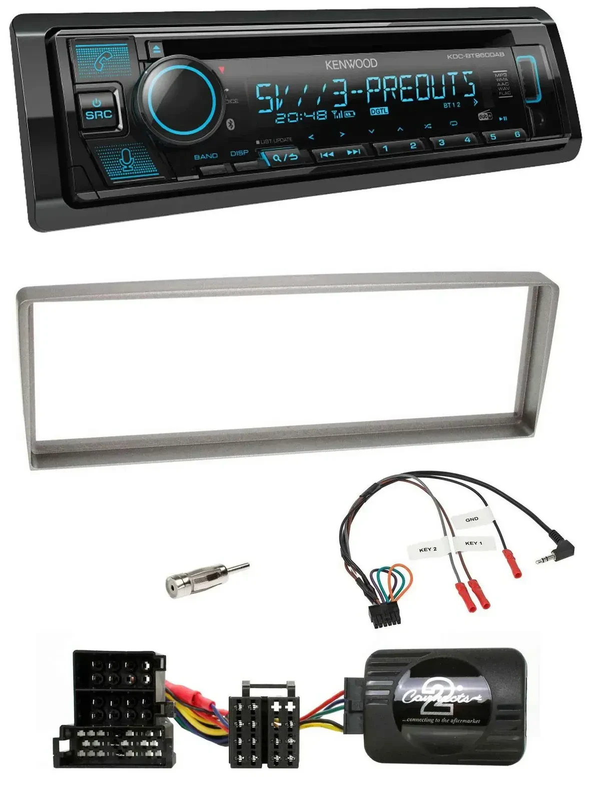 Автомагнитола для Alfa Romeo 156 (с 2003) Kenwood Bluetooth, USB, CD, DAB, серебристая, поддержка кнопок на руле