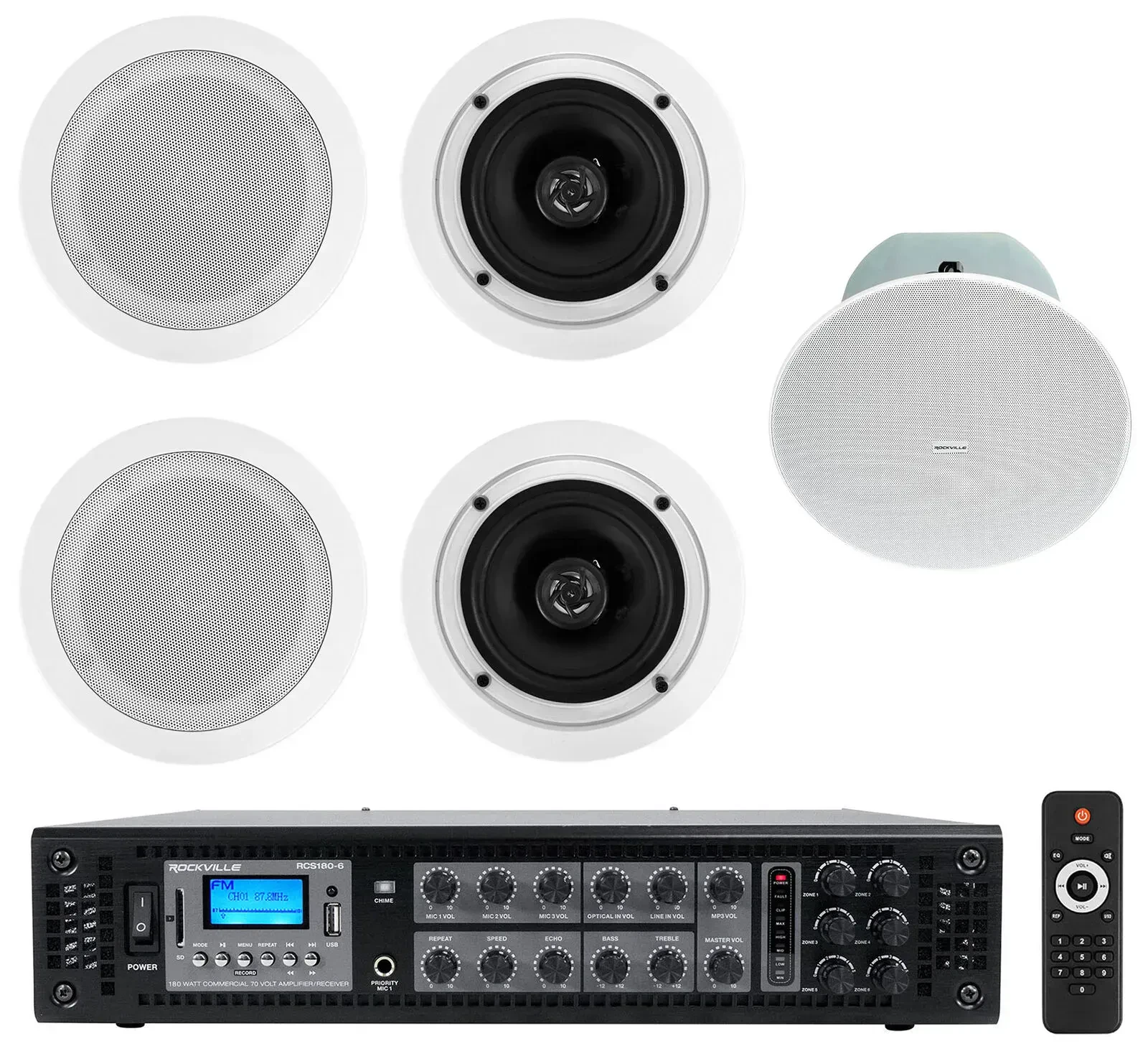 Потолочная акустика Rockville RCS180-6+(2) CC525T White+CC8-SUB White с усилителем (5 штук)