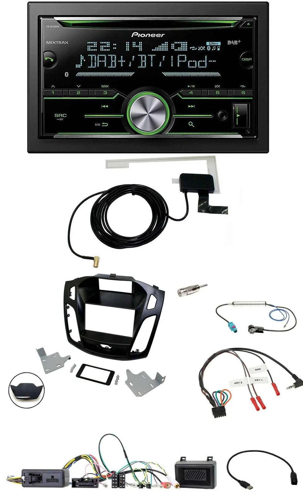 Автомагнитола для Ford Focus 2014–2018 Pioneer 2DIN, CD, USB, Bluetooth, DAB, совместима с кнопками на руле