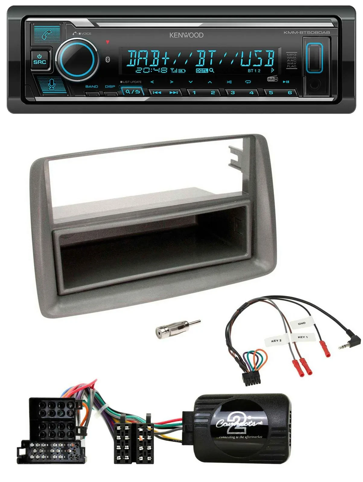 Автомагнитола Kenwood Bluetooth DAB USB для Fiat Panda (2004–2010, 169), цвет серый