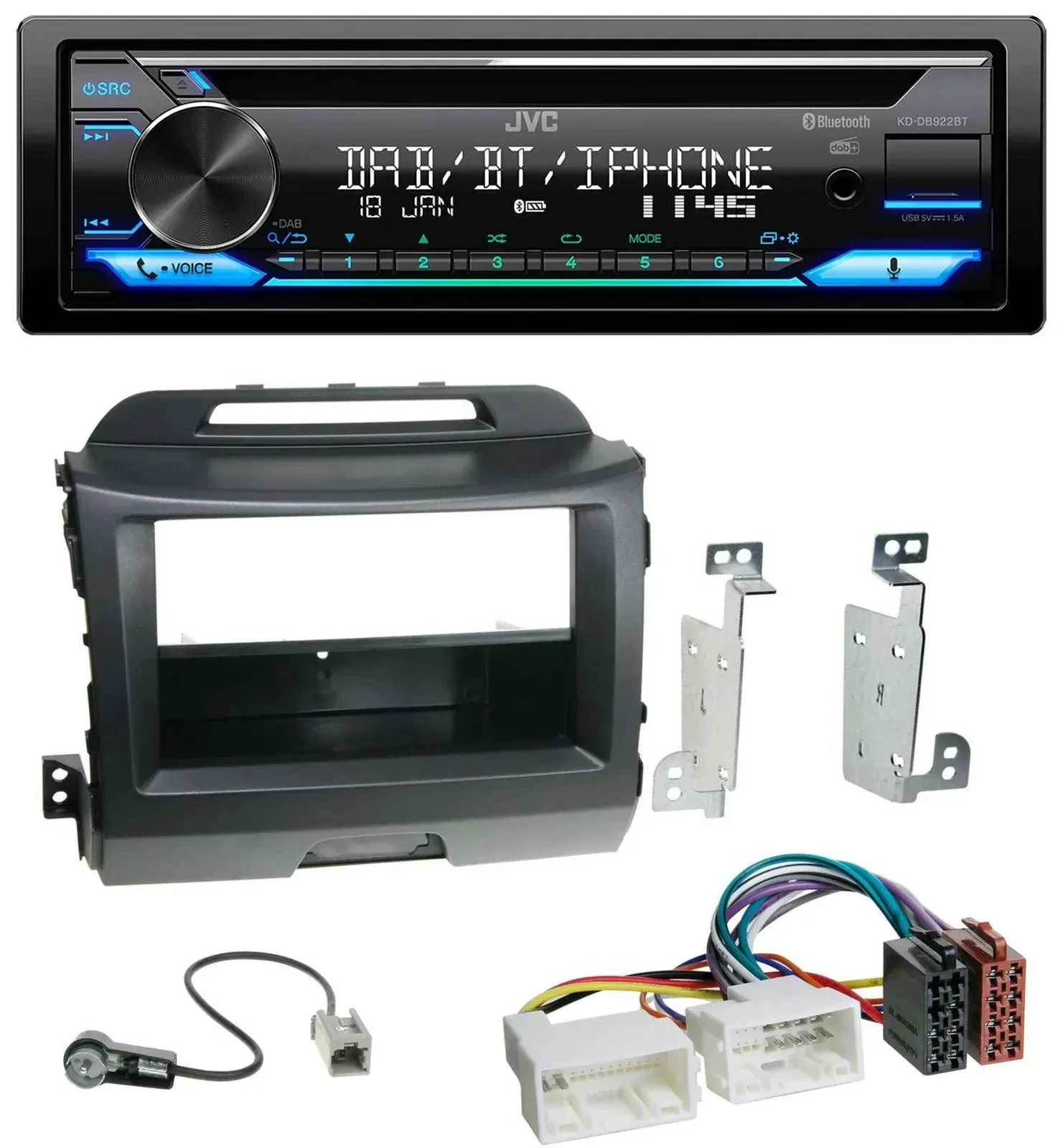 Автомагнитола JVC Bluetooth, MP3, USB, DAB, CD для Kia Sportage 3 (2010–2015), черный