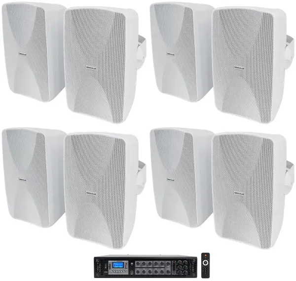 Rockville 6-Zone Commercial/Restaurant Bluetooth Amp+8) White 6.5" Wall Speakers