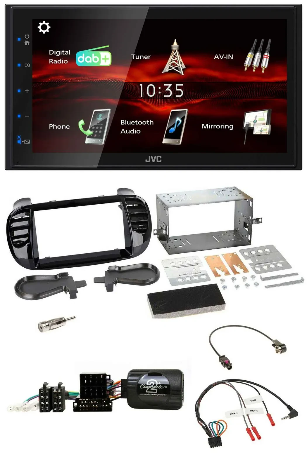 JVC USB Bluetooth Lenkrad DAB 2DIN Autoradio für Fiat 500 Fakra 08-15 schwarz