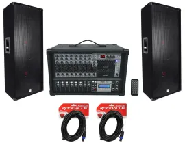 2 Rockville RSG15.24 Dual 15” 3000w 3-Way DJ/Pro PA Speakers+Powered Mixer w/USB