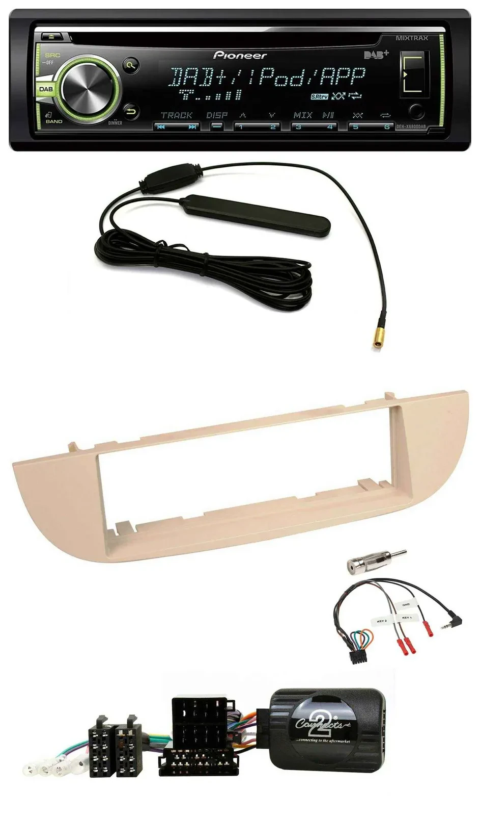 Автомагнитола Pioneer CD/MP3, USB, DAB для Fiat 500 (с 2007), перламутрово-серый/бежевый, поддержка управления с руля