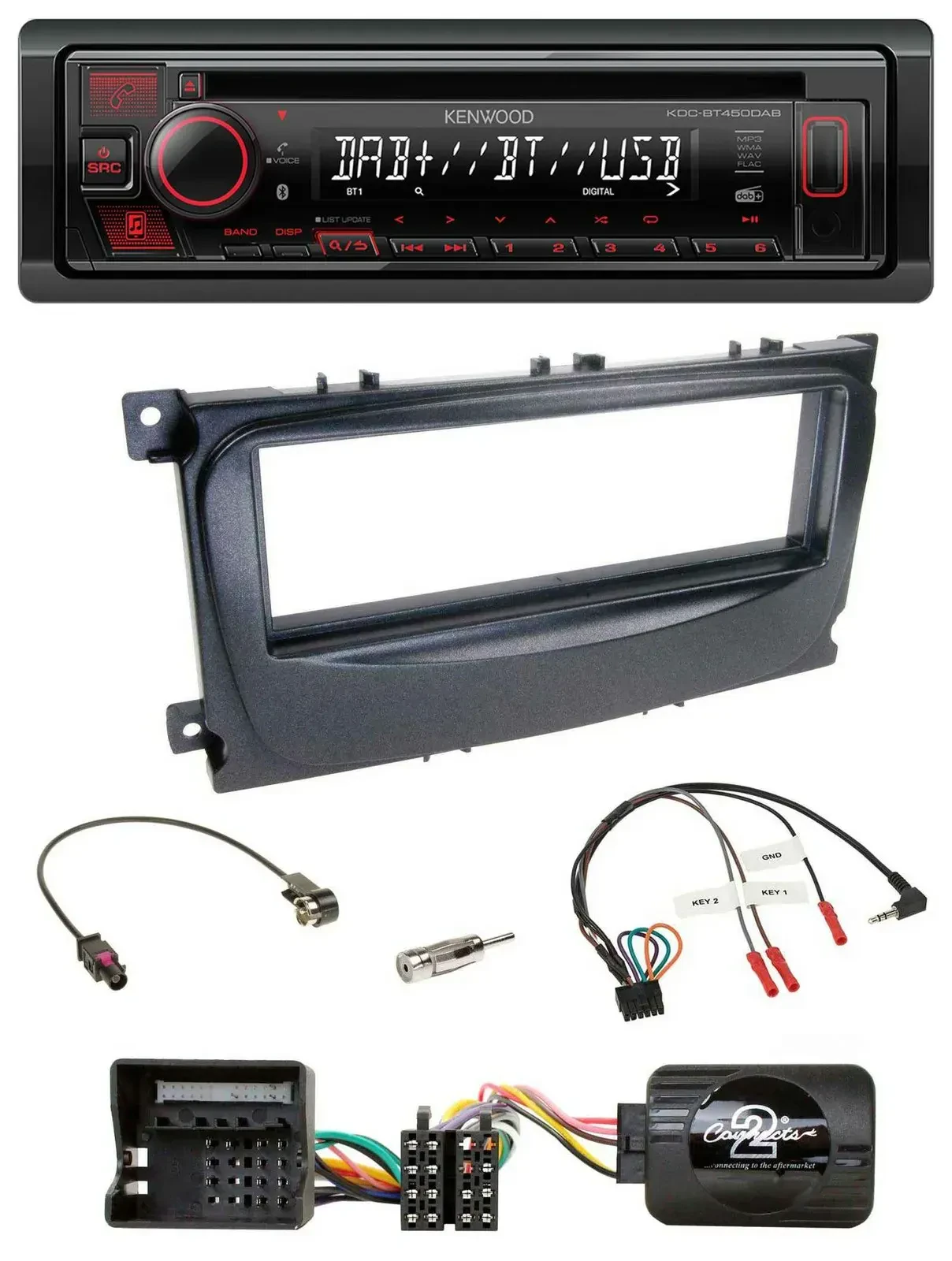 Автомагнитола Kenwood CD, USB, Bluetooth, DAB, совместима с Ford S-Max/Mondeo (2007–2014), черный