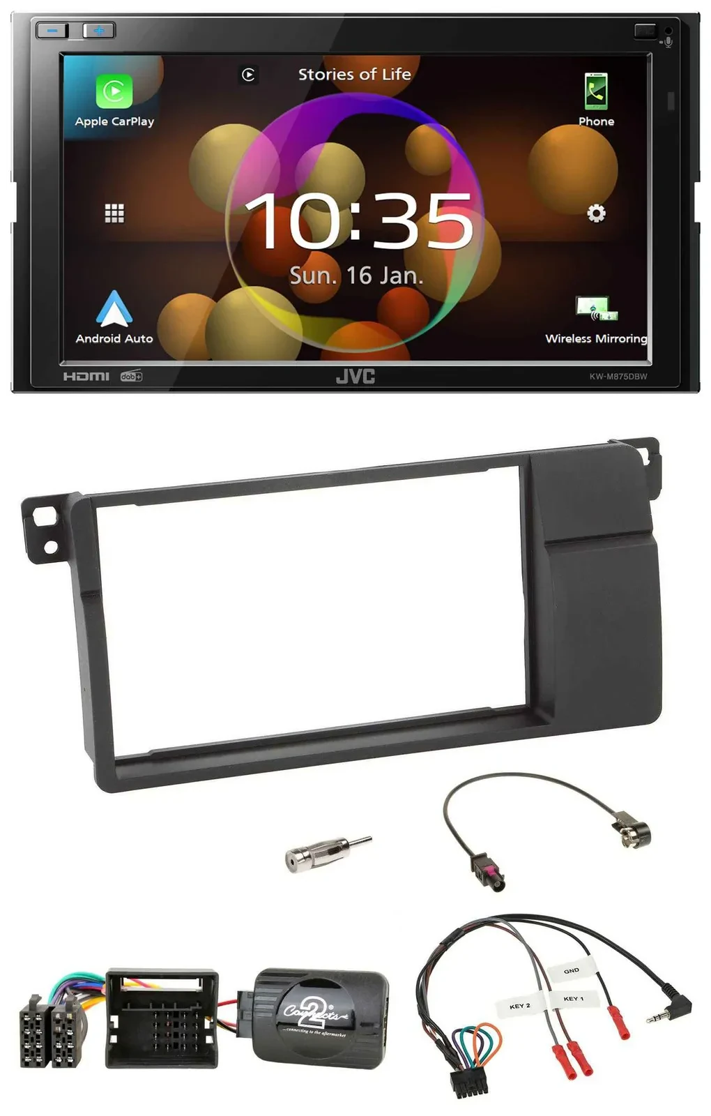 JVC DAB Lenkrad 2DIN Bluetooth USB Autoradio für BMW 3er E46 00-06 Quadlock