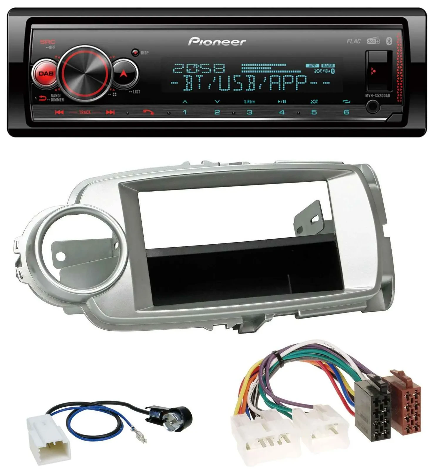 Автомагнитола для Toyota Yaris (2011–2014) Pioneer Bluetooth, USB, MP3, DAB, серебристый