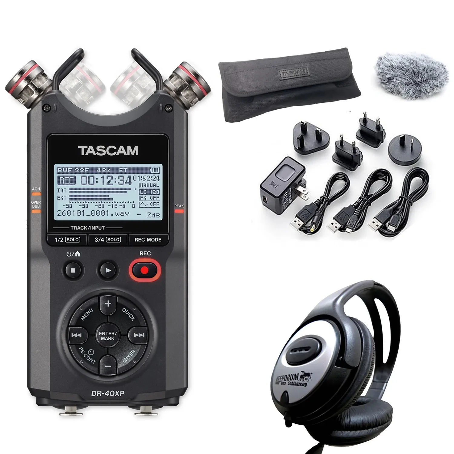Tascam DR-40XP 4-Kanal Audio-Recorder mit Zubehörset und keepdrum Kopfhörer