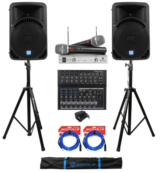 (2) Rockville RPG15BT 15" DJ PA Speakers w/Bluetooth+Mixer+Mic+Stands+Cables+Bag