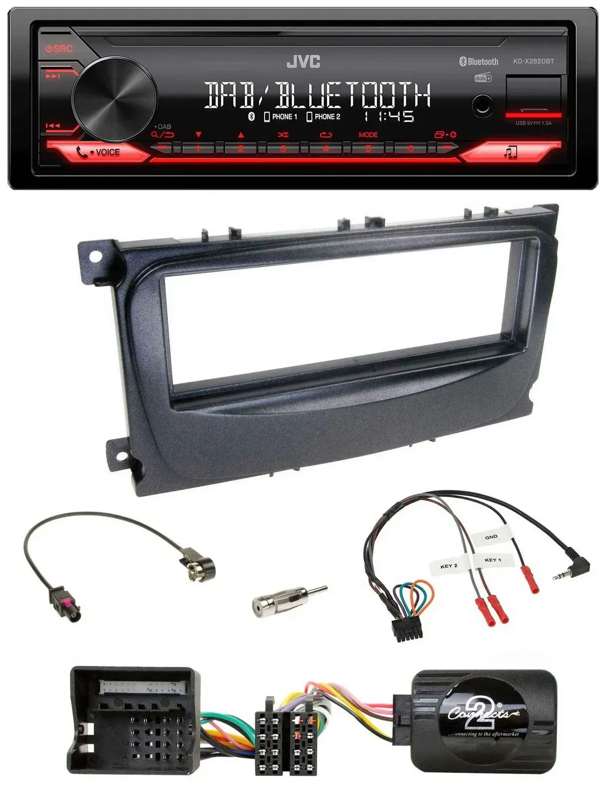 Автомагнитола JVC Bluetooth USB DAB для Ford S-Max/Mondeo (2007–2014), чёрная