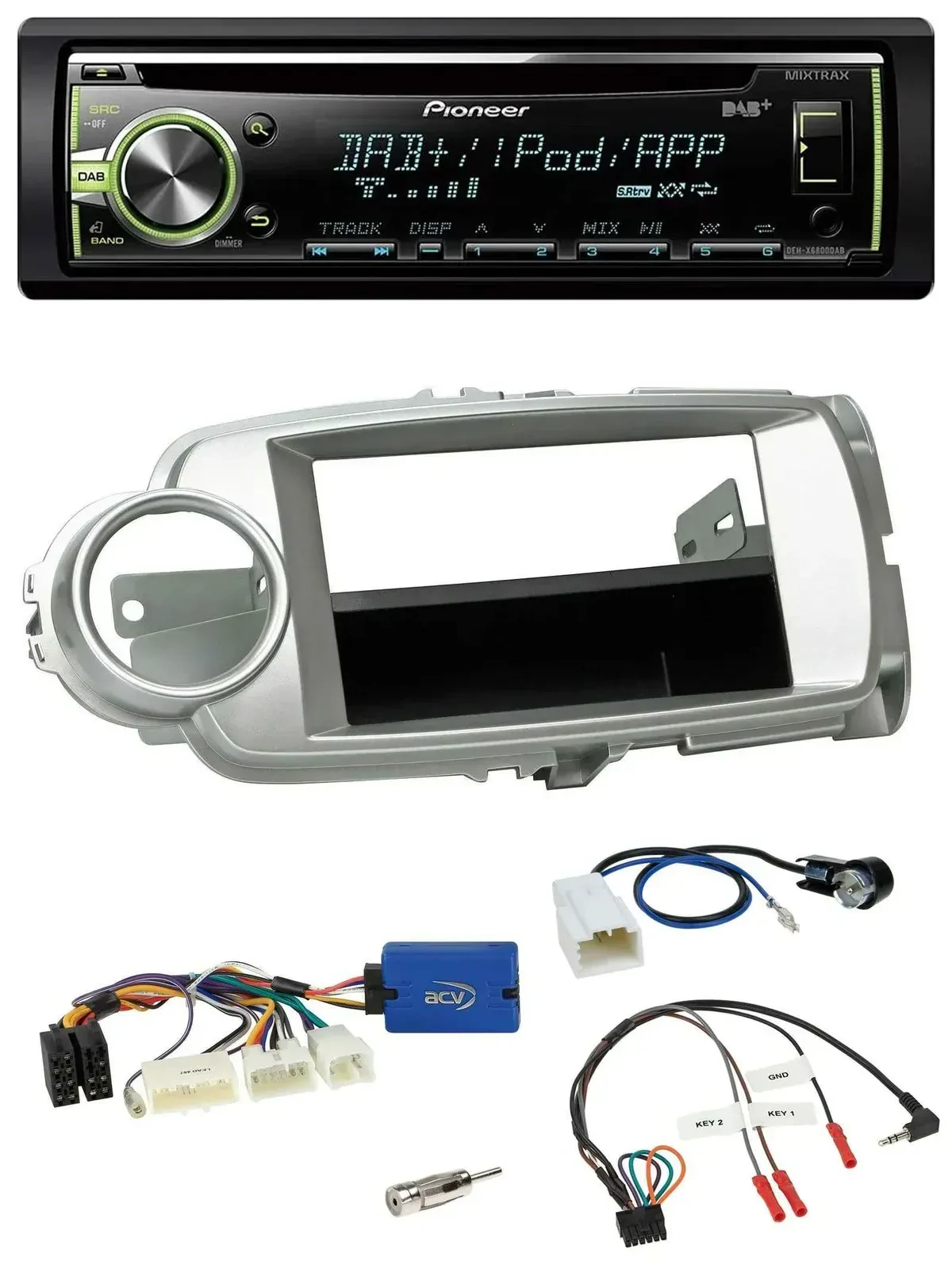 Автомагнитола для Toyota Yaris 2011–2014 Pioneer DAB, USB, MP3, CD, поддержка управления на руле, серебристая