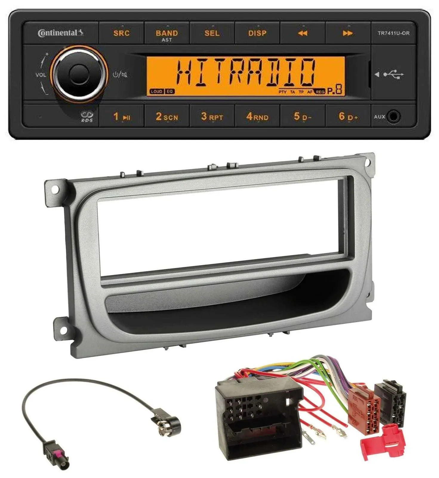 Автомагнитола Continental 1DIN USB/AUX MP3, серебристая, для Ford Focus/Galaxy/C-Max (с 2007)