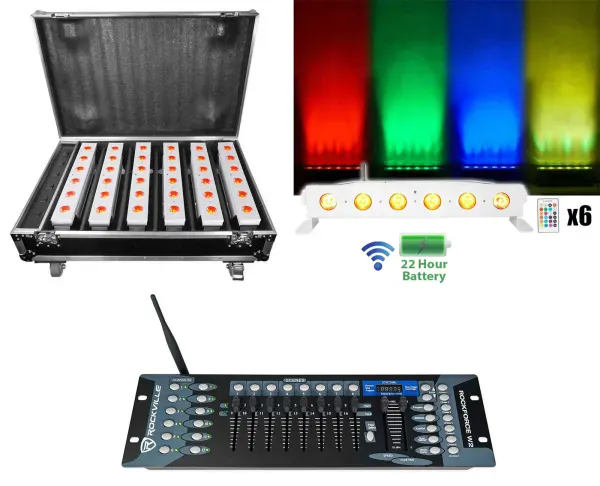 Rockville Best Strip 60 Pack White (6) Lights+Charging Case+Wireless DMX Control