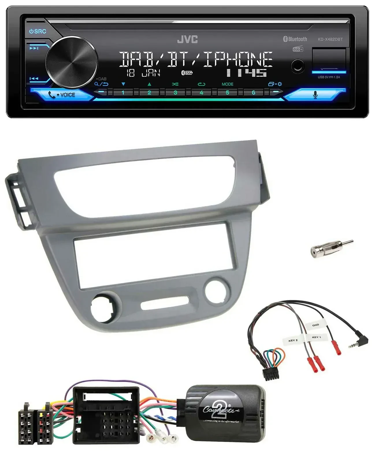 Автомагнитола JVC Bluetooth DAB USB для Renault Megane III (2009–2012), серый, совместимая с кнопками на руле