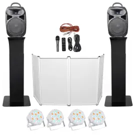 DJ Package w/Dual 8" Bluetooth Speakers+Mic+Tripod+Totem Stands+Facade+Lights