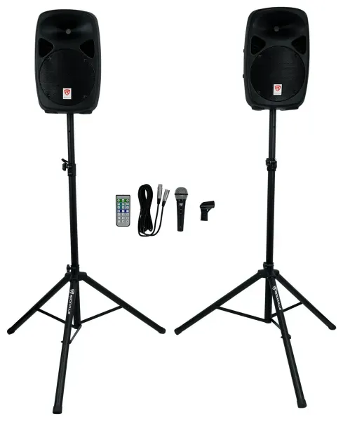 Rockville (2) 10" Powered Speakers+Stands w/Bluetooth For Backyard Movie Theater