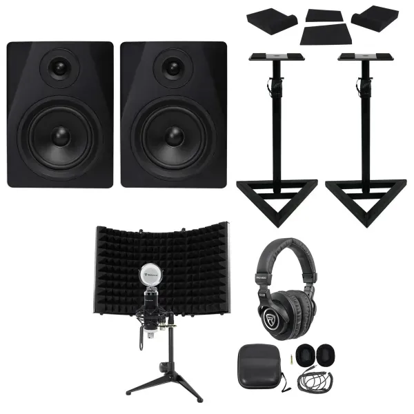 Pair Rockville DPM5B 5.25" 300 Watt Studio Monitors+Stands+Headphones+Mic+Shield