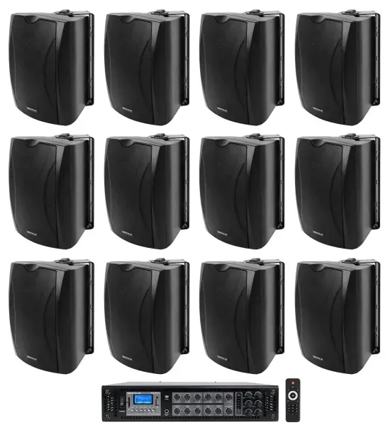 12) Black 5.25" Wall Speakers+70v Amplifier For Restaurant/Office/Cafe/Bar/Hotel