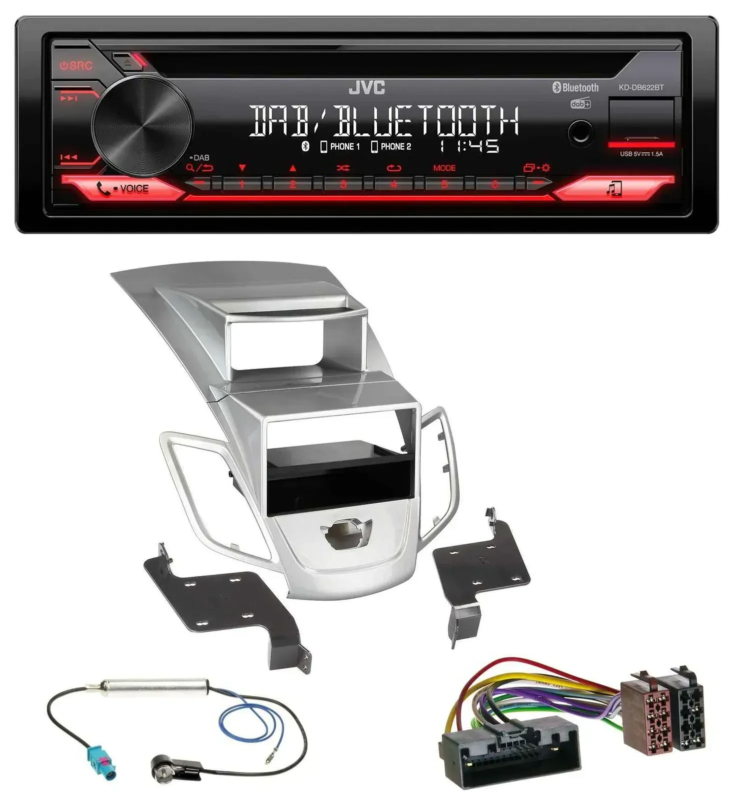 Автомагнитола для Ford Fiesta JVC CD DAB USB Bluetooth MP3 серебристая (2010–2017)