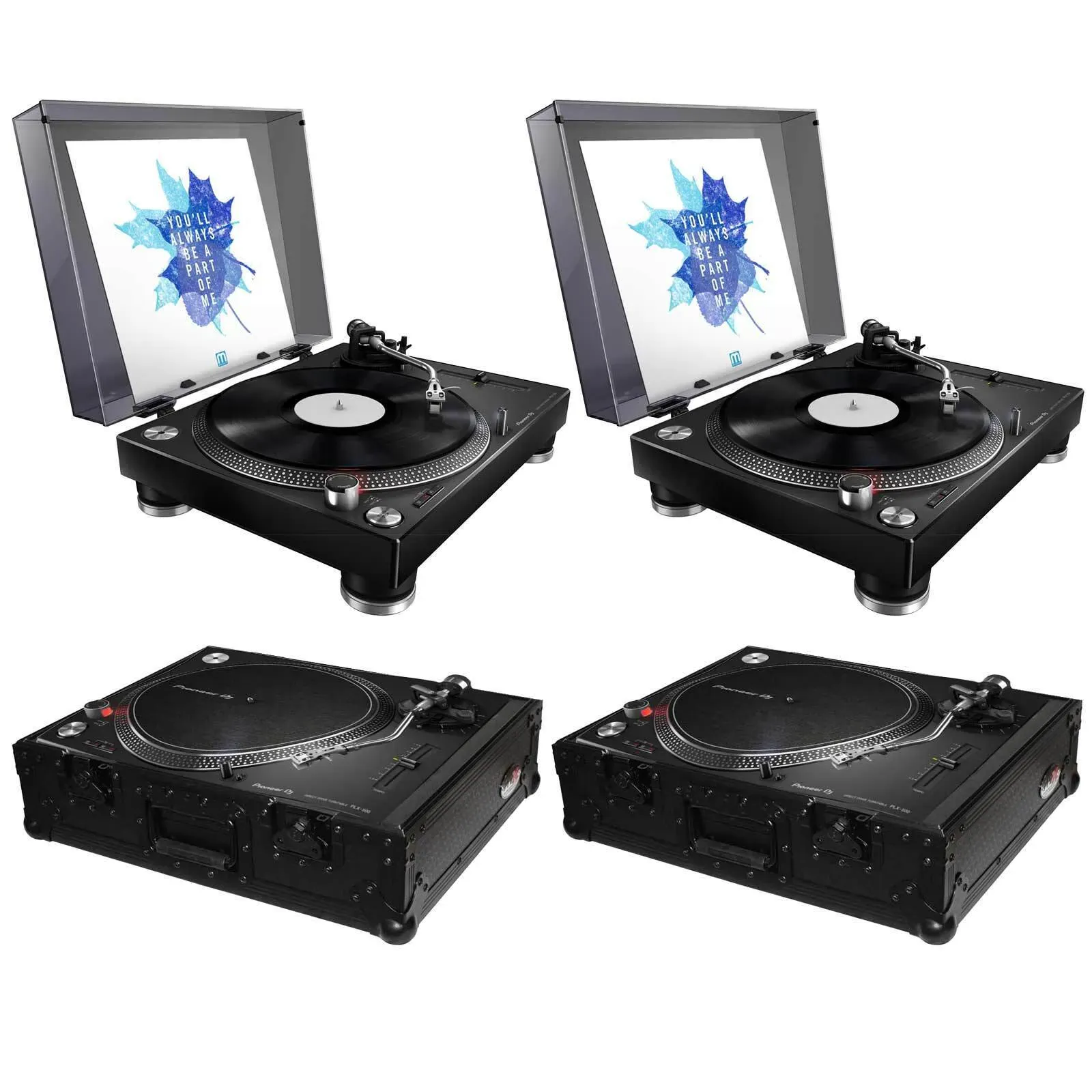 (2) Pioneer PLX-500 High-torque Direct Drive Turntables with Black ProX Cases