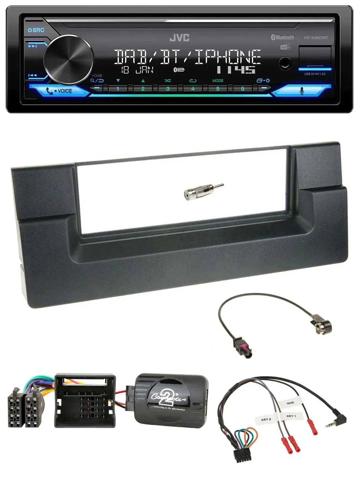 Автомагнитола для BMW 5 Series E39 (2001–2004) JVC Bluetooth, DAB, USB, поддержка управления с руля, Quadlock