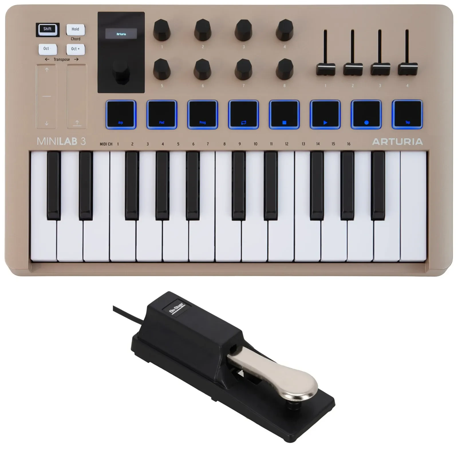 Arturia MiniLab 3 Champagne 25 key MIDI USB Keyboard Controller+Sustain Pedal