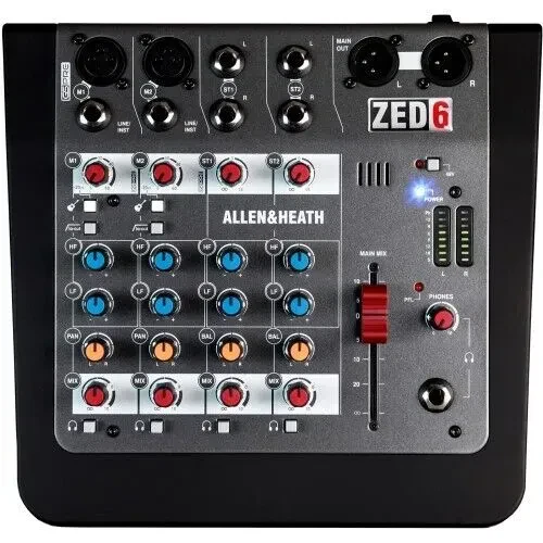 Б/У Микшерный пульт Allen & Heath ZED-6 6-канальный, 2 мик/линейных, 2 стереовхода, 2 Hi-Z, 48 В фантомное питание