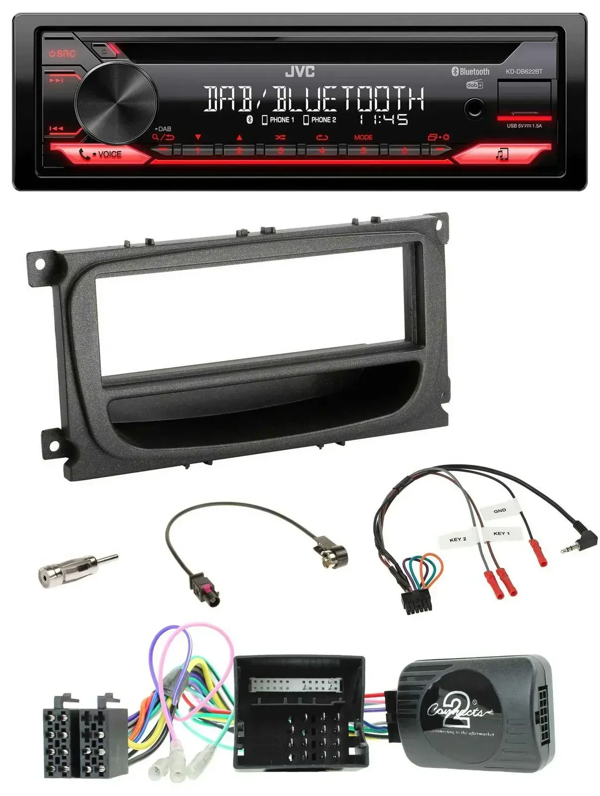 Автомагнитола для Ford Mondeo/S-Max JVC CD DAB USB Bluetooth (2007–2014) чёрная