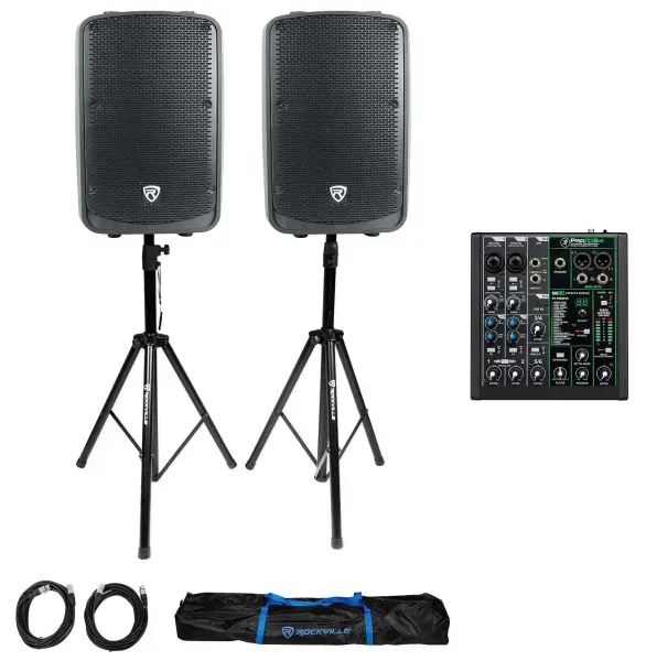 (2) Rockville TITAN 12 12" 2000w DJ PA Speakers/Bluetooth+Mackie Mixer+Stands