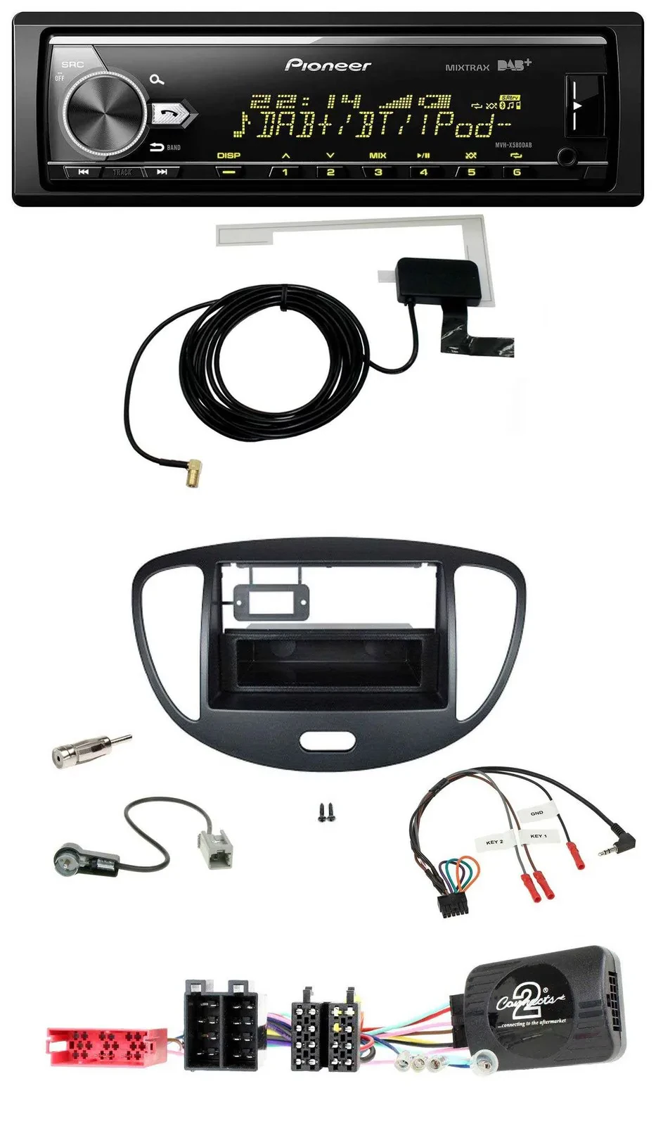 Автомагнитола Pioneer для Hyundai i10 (2009–2013) Bluetooth, DAB, USB, черная, поддержка кнопок на руле