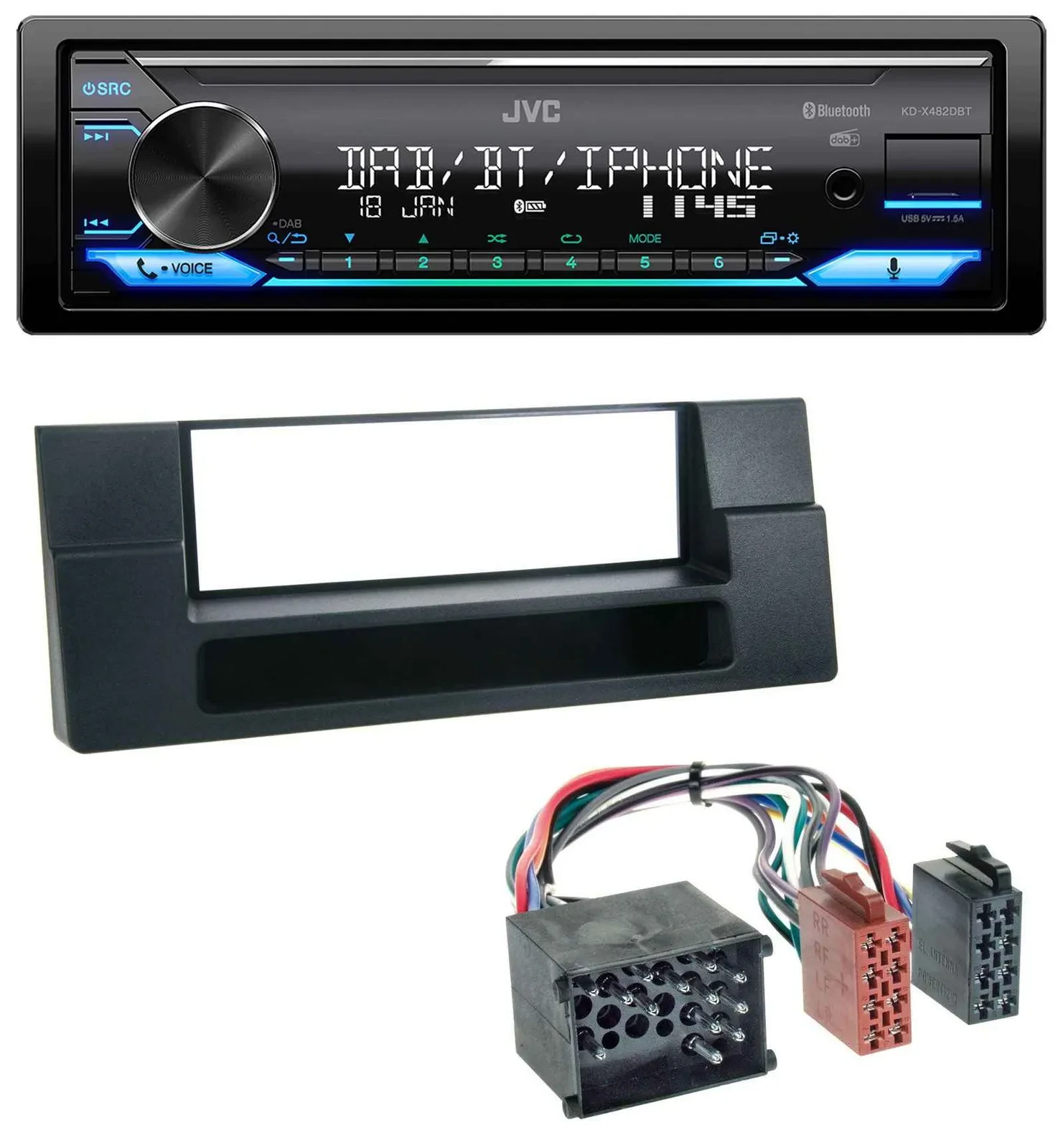 JVC Bluetooth DAB USB MP3 Autoradio für BMW X5 E53 5er E39 Rundpin Ablagefach